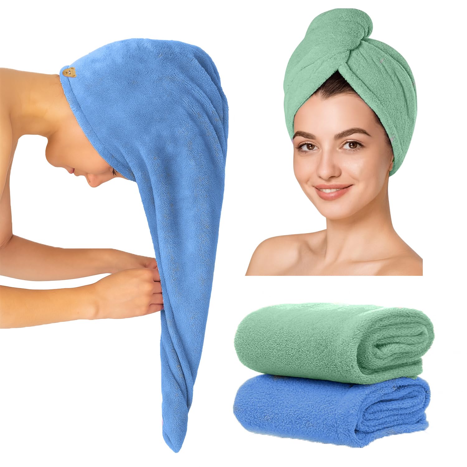 plentZ Blue Pista Green Microfiber Hair Wrap Towels Pack of 2