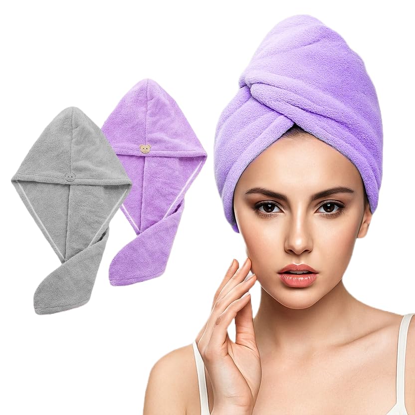 plentZ Grey Purple Microfiber Hair Wrap Towels Pack of 2