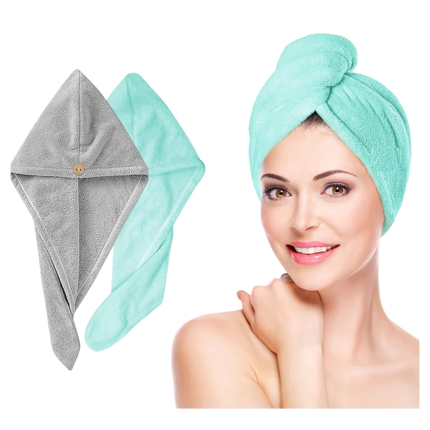 plentZ Grey Pista Green Microfiber Hair Wrap Towels Pack of 2