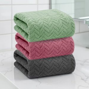plentZ Leaf Pattern Microfiber Bath Towel Pack of 3 Pista Green Pink Grey